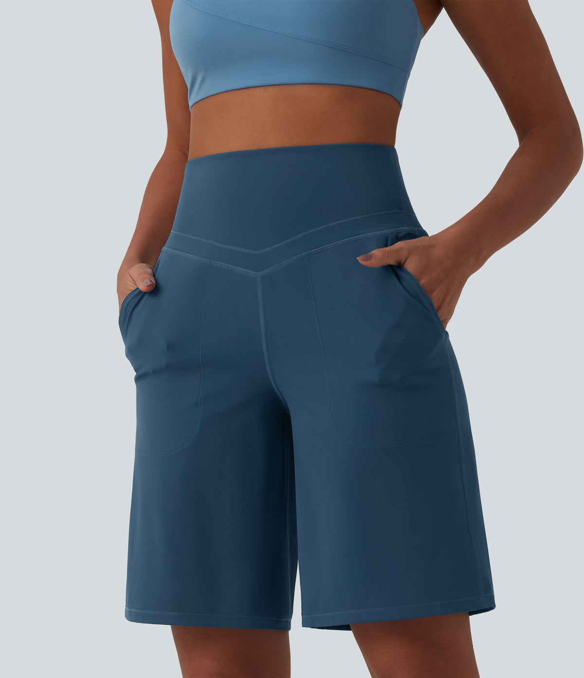 High Waisted Tummy Control Yoga Bermuda Shorts 10'' with Pockets — Majolica Blue — view 4