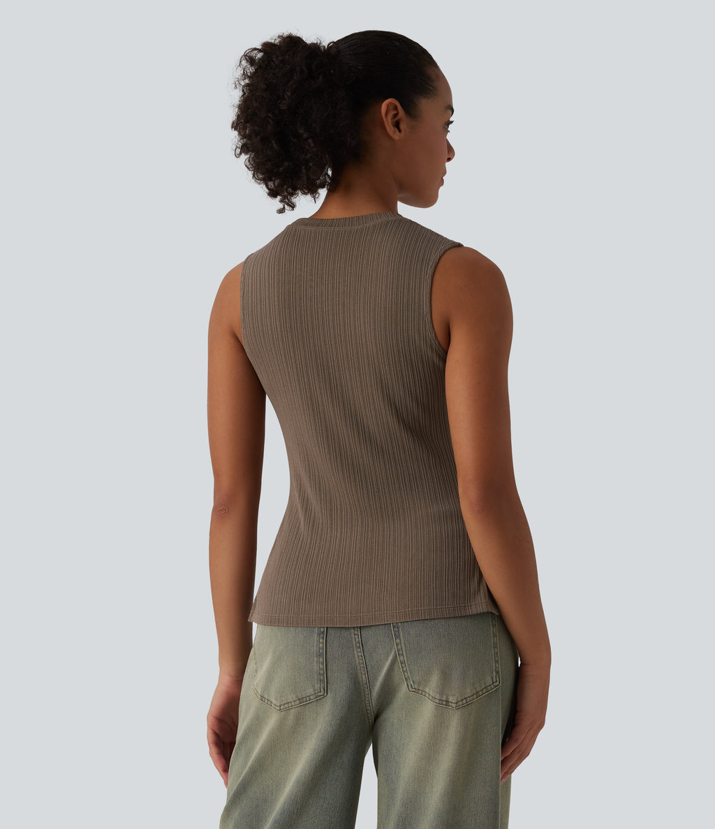 Round Neck Split Hem Ultra-slim Casual Tank Top — Shitake — view 2