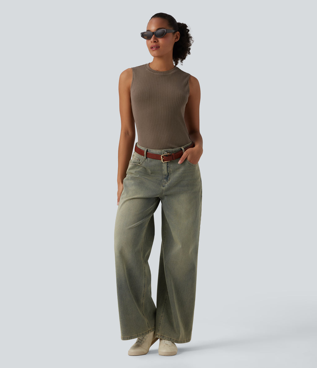 Round Neck Split Hem Ultra-slim Casual Tank Top — Shitake — view 5