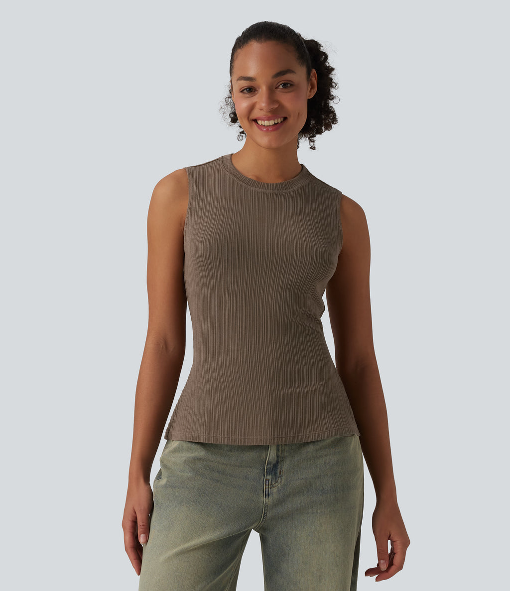 Round Neck Split Hem Ultra-slim Casual Tank Top — Shitake — view 3