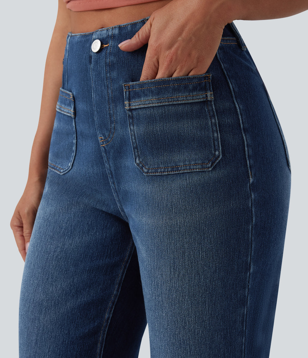 High Waisted Straight Leg Casual Jeans with Pockets — Estate Blue Denim — view 5