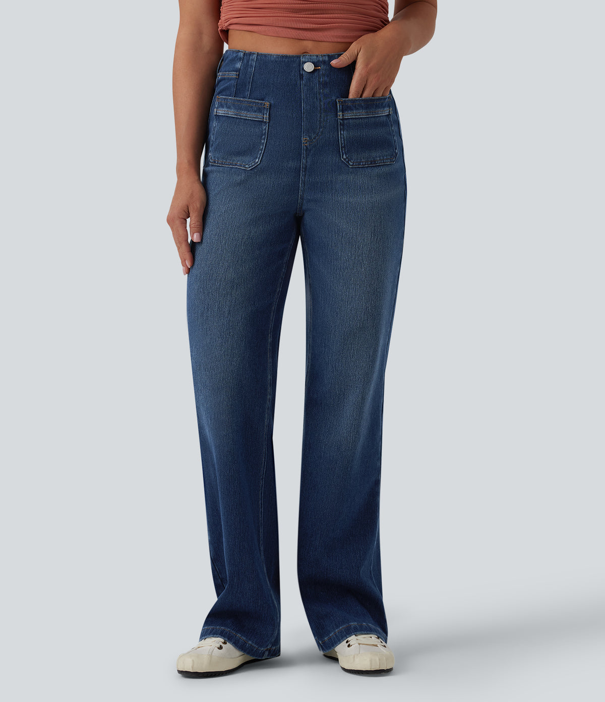 High Waisted Straight Leg Casual Jeans with Pockets — Estate Blue Denim — view 1