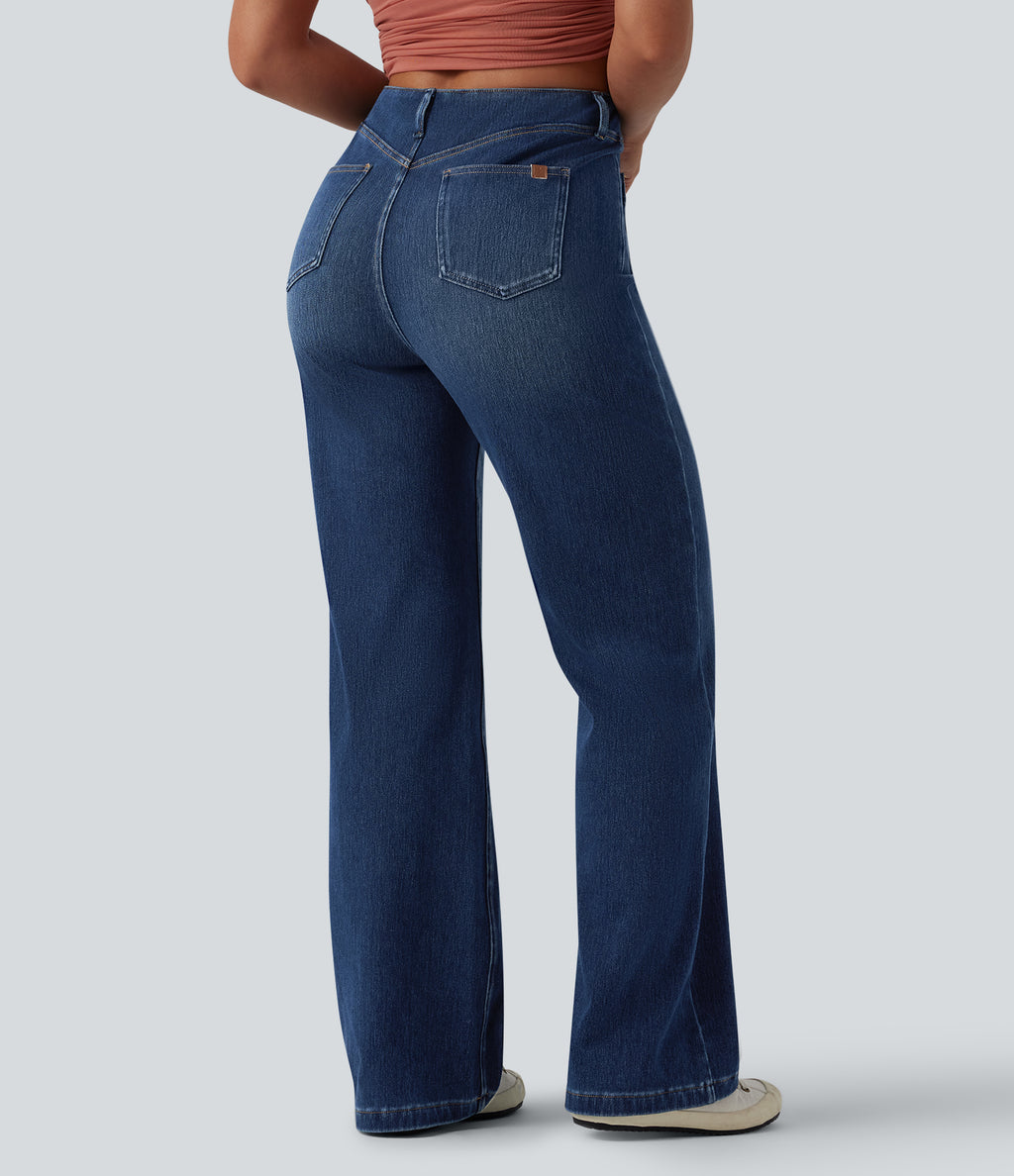 High Waisted Straight Leg Casual Jeans with Pockets — Estate Blue Denim — view 2