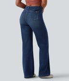 High Waisted Straight Leg Casual Jeans with Pockets — Estate Blue Denim — view 2