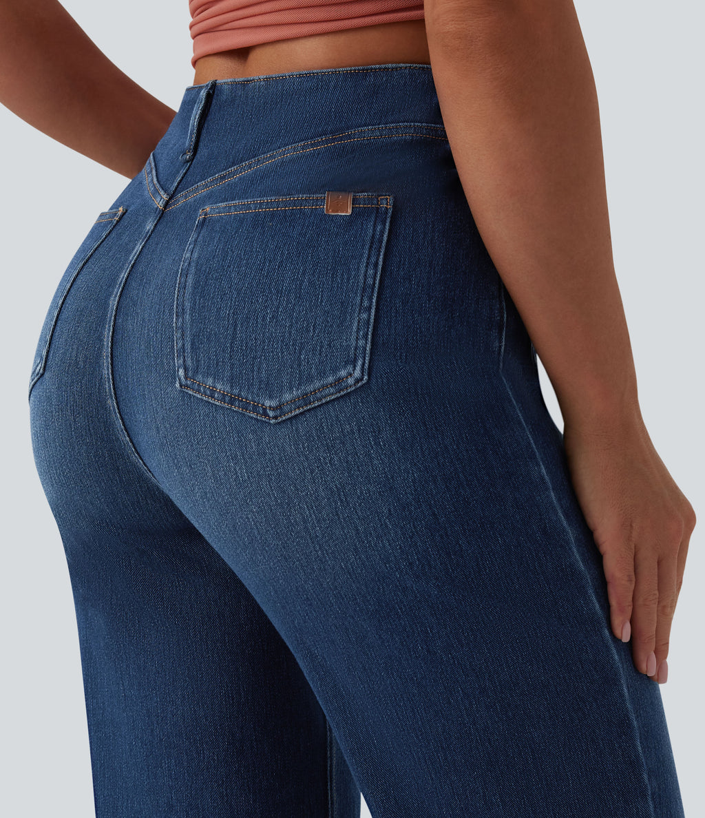 High Waisted Straight Leg Casual Jeans with Pockets — Estate Blue Denim — view 4