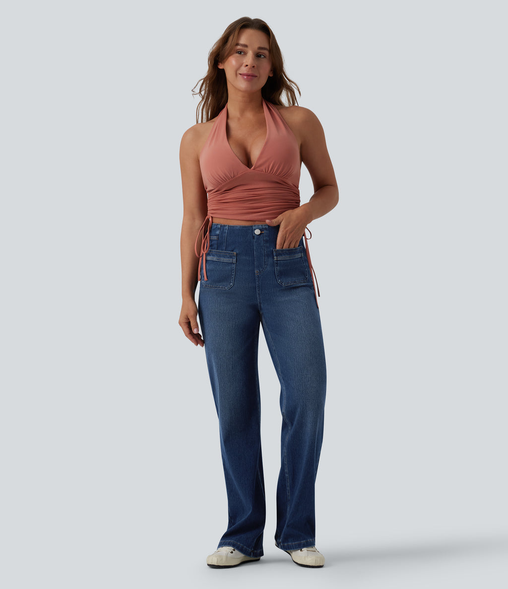 High Waisted Straight Leg Casual Jeans with Pockets — Estate Blue Denim — view 6