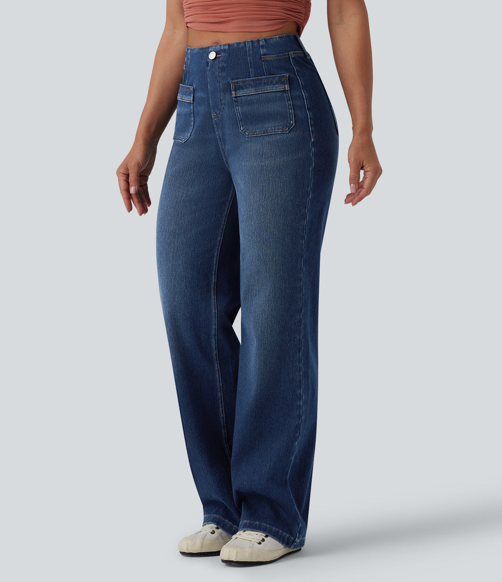 High Waisted Straight Leg Casual Jeans with Pockets — Estate Blue Denim — view 3
