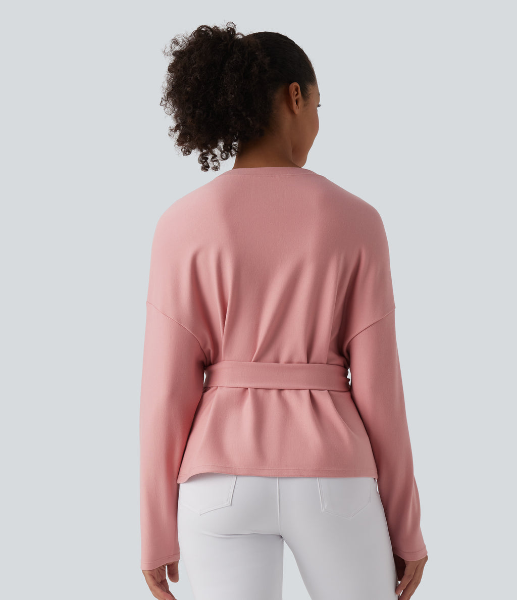 Round Neck Batwing Long Sleeve Belted Relaxed Casual Top — Peach Blossom Pink — view 2