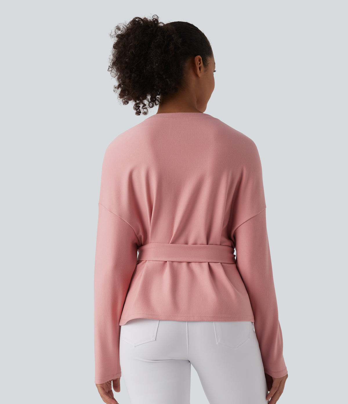 Round Neck Batwing Long Sleeve Belted Relaxed Casual Top — Peach Blossom Pink — view 2