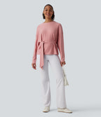 Round Neck Batwing Long Sleeve Belted Relaxed Casual Top — Peach Blossom Pink — view 6