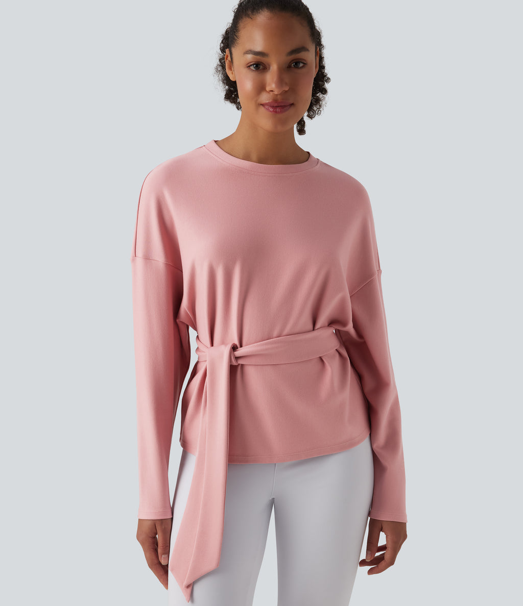 Round Neck Batwing Long Sleeve Belted Relaxed Casual Top — Peach Blossom Pink — view 1
