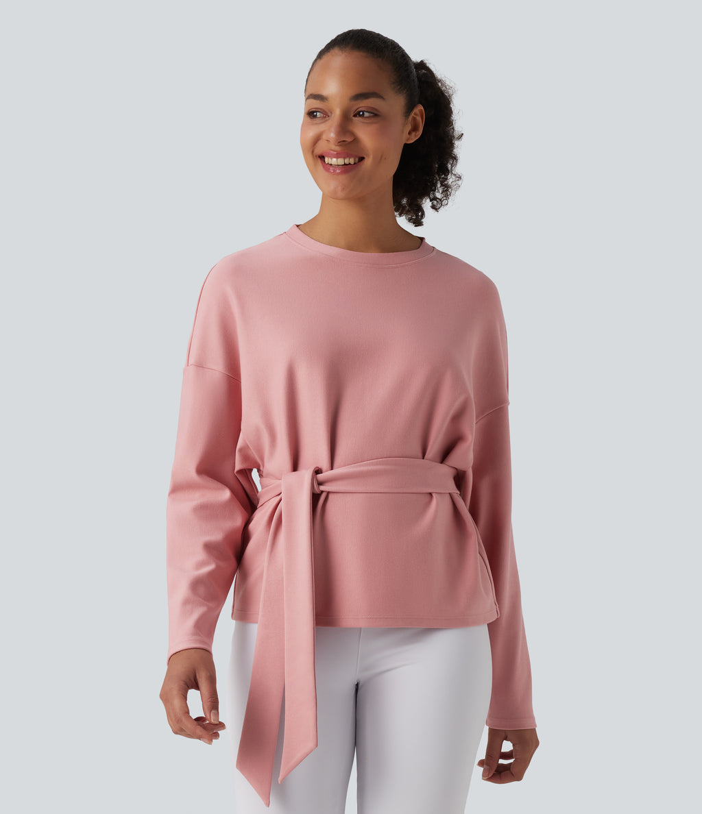 Round Neck Batwing Long Sleeve Belted Relaxed Casual Top — Peach Blossom Pink — view 4