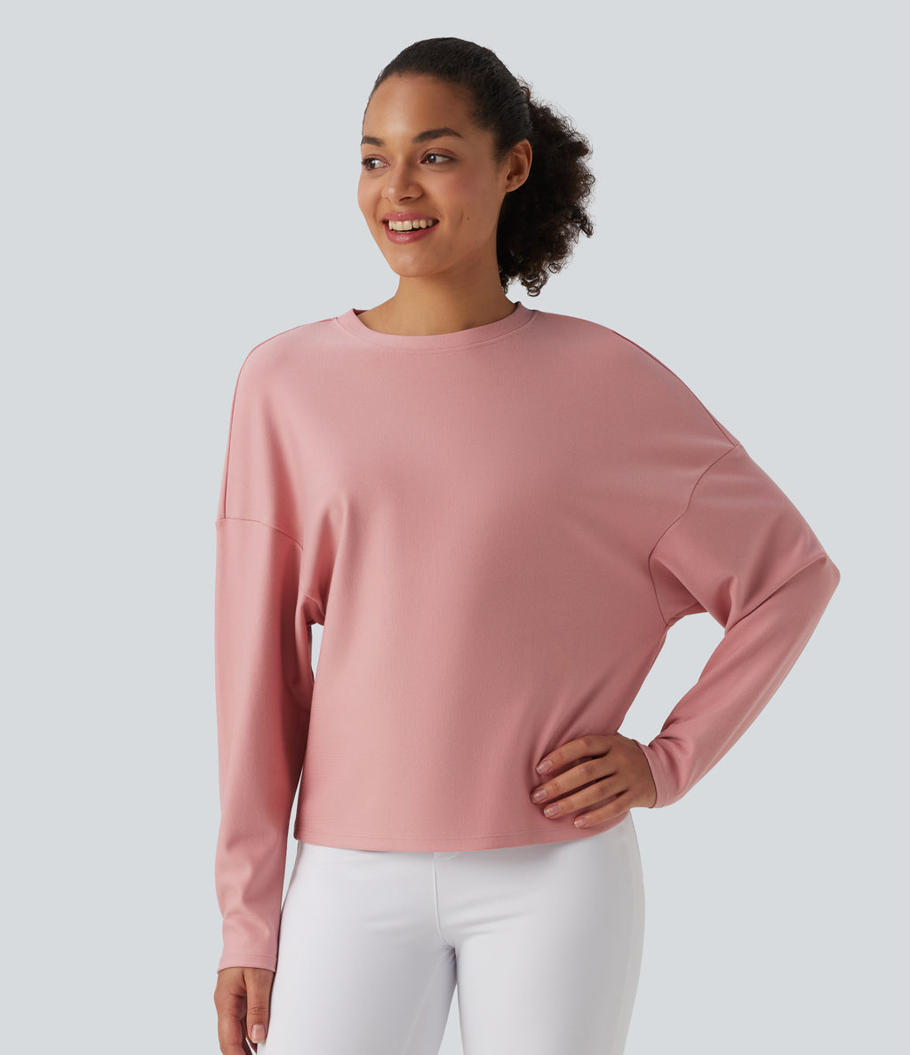 Round Neck Batwing Long Sleeve Belted Relaxed Casual Top — Peach Blossom Pink — view 5