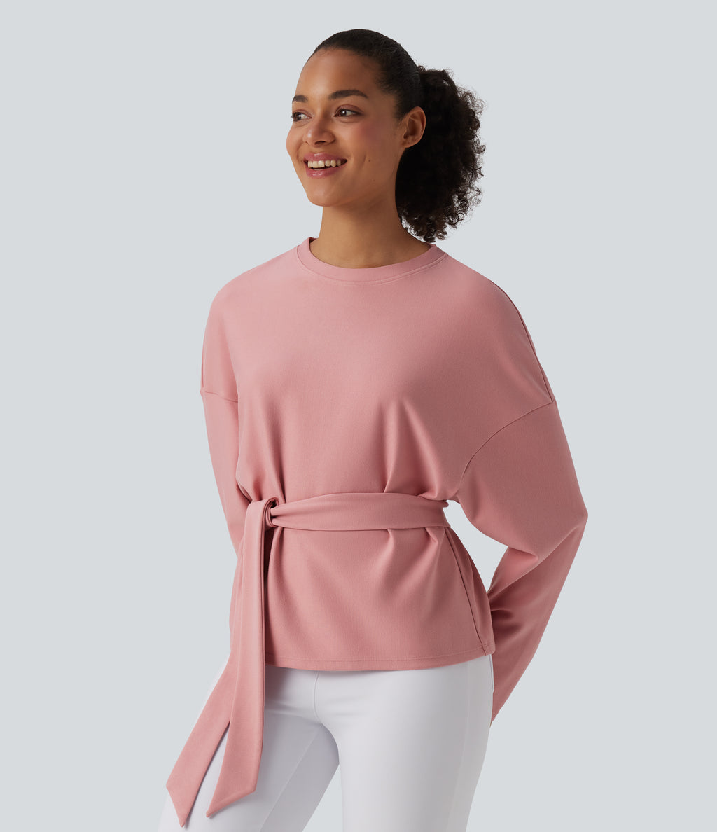 Round Neck Batwing Long Sleeve Belted Relaxed Casual Top — Peach Blossom Pink — view 3