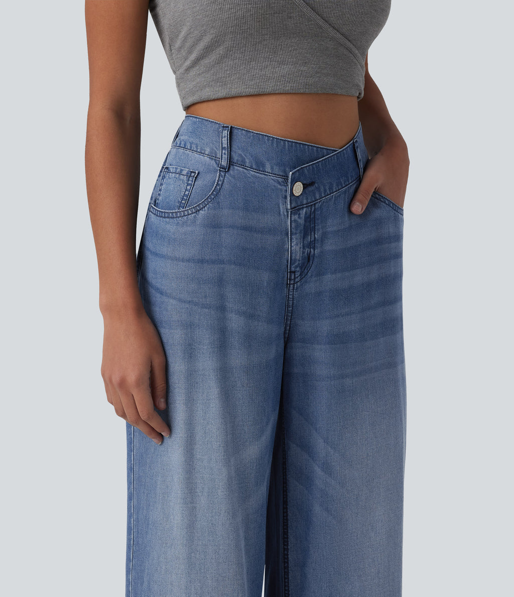 Asymmetric Mid Rise Draped Lyocell Wide Leg Casual Jeans with Pockets — Blue Jasper Denim — view 5