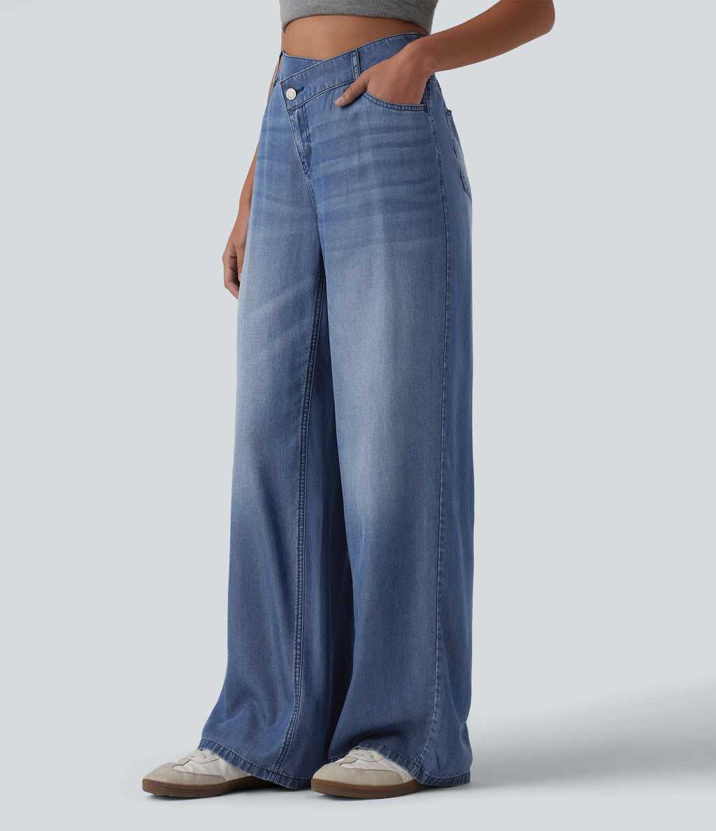 Asymmetric Mid Rise Draped Lyocell Wide Leg Casual Jeans with Pockets — Blue Jasper Denim — view 3