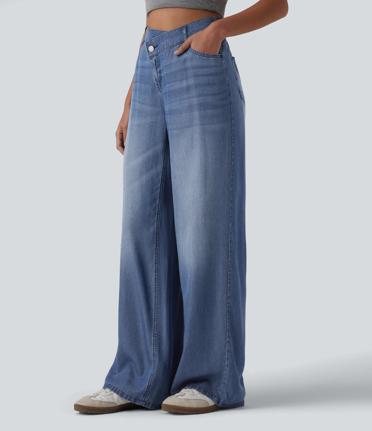 Asymmetric Mid Rise Draped Lyocell Wide Leg Casual Jeans with Pockets — Blue Jasper Denim — view 3