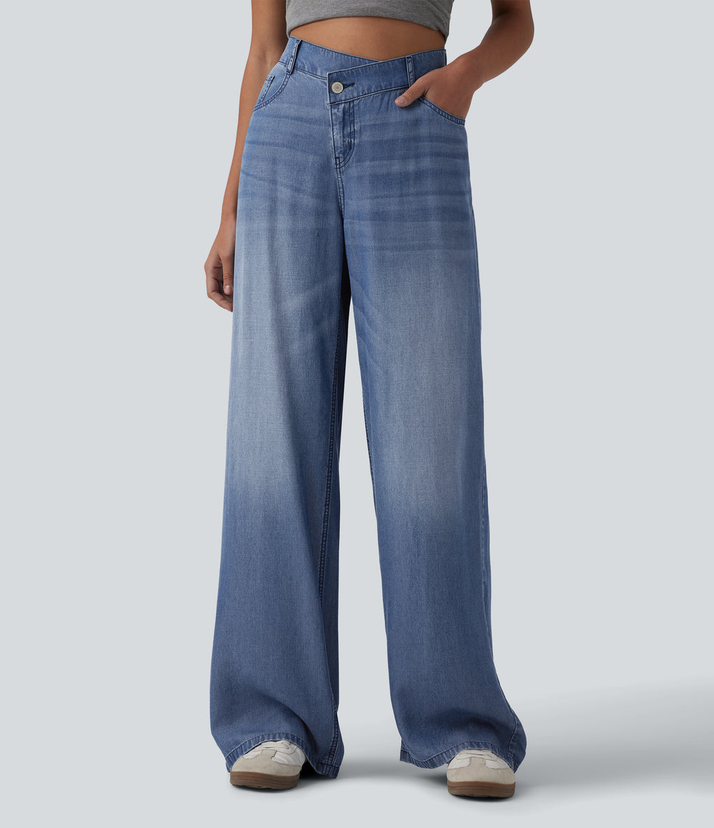 Asymmetric Mid Rise Draped Lyocell Wide Leg Casual Jeans with Pockets — Blue Jasper Denim — view 1