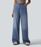 Asymmetric Mid Rise Draped Lyocell Wide Leg Casual Jeans with Pockets — Blue Jasper Denim — view 1