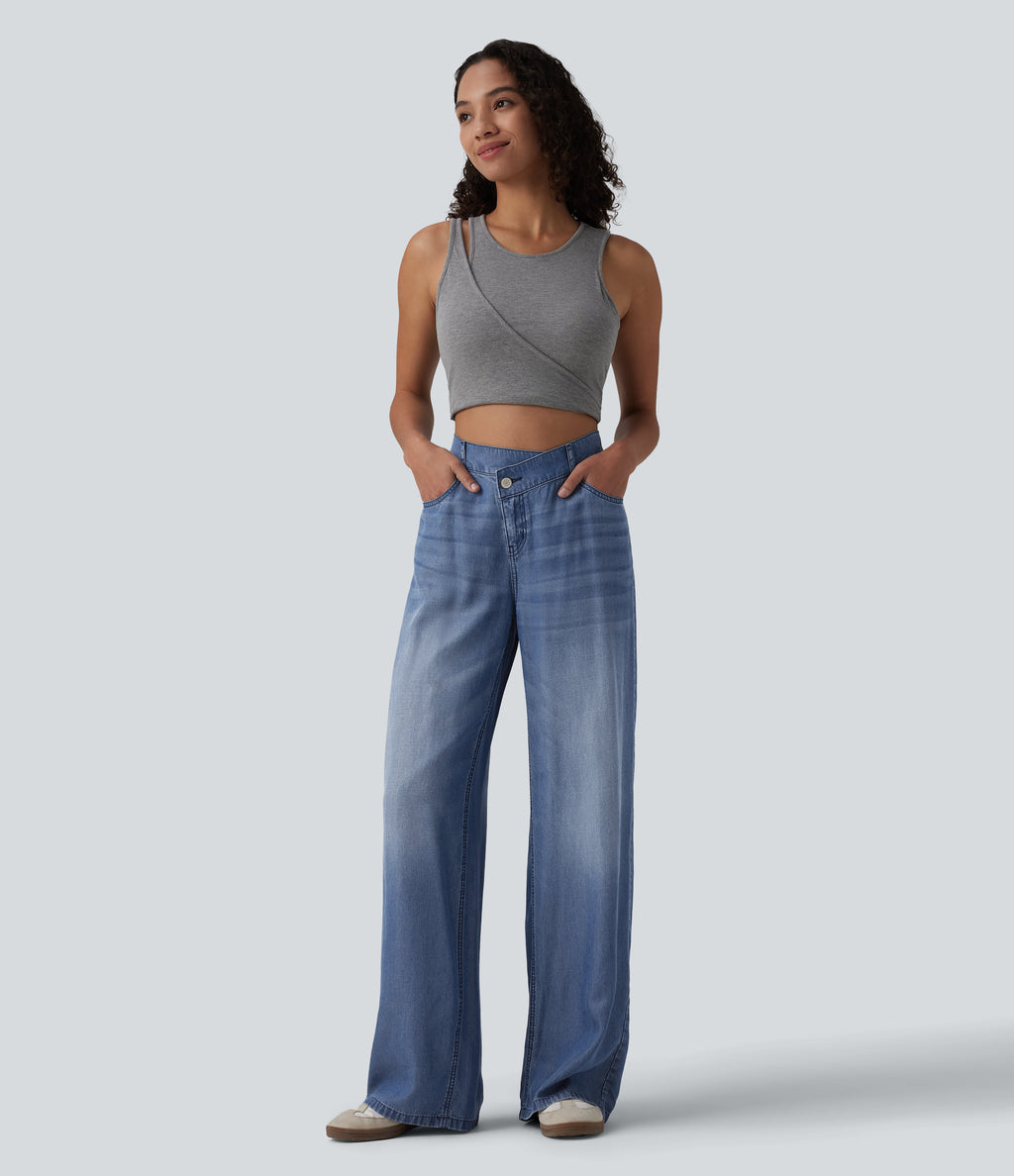Asymmetric Mid Rise Draped Lyocell Wide Leg Casual Jeans with Pockets — Blue Jasper Denim — view 6