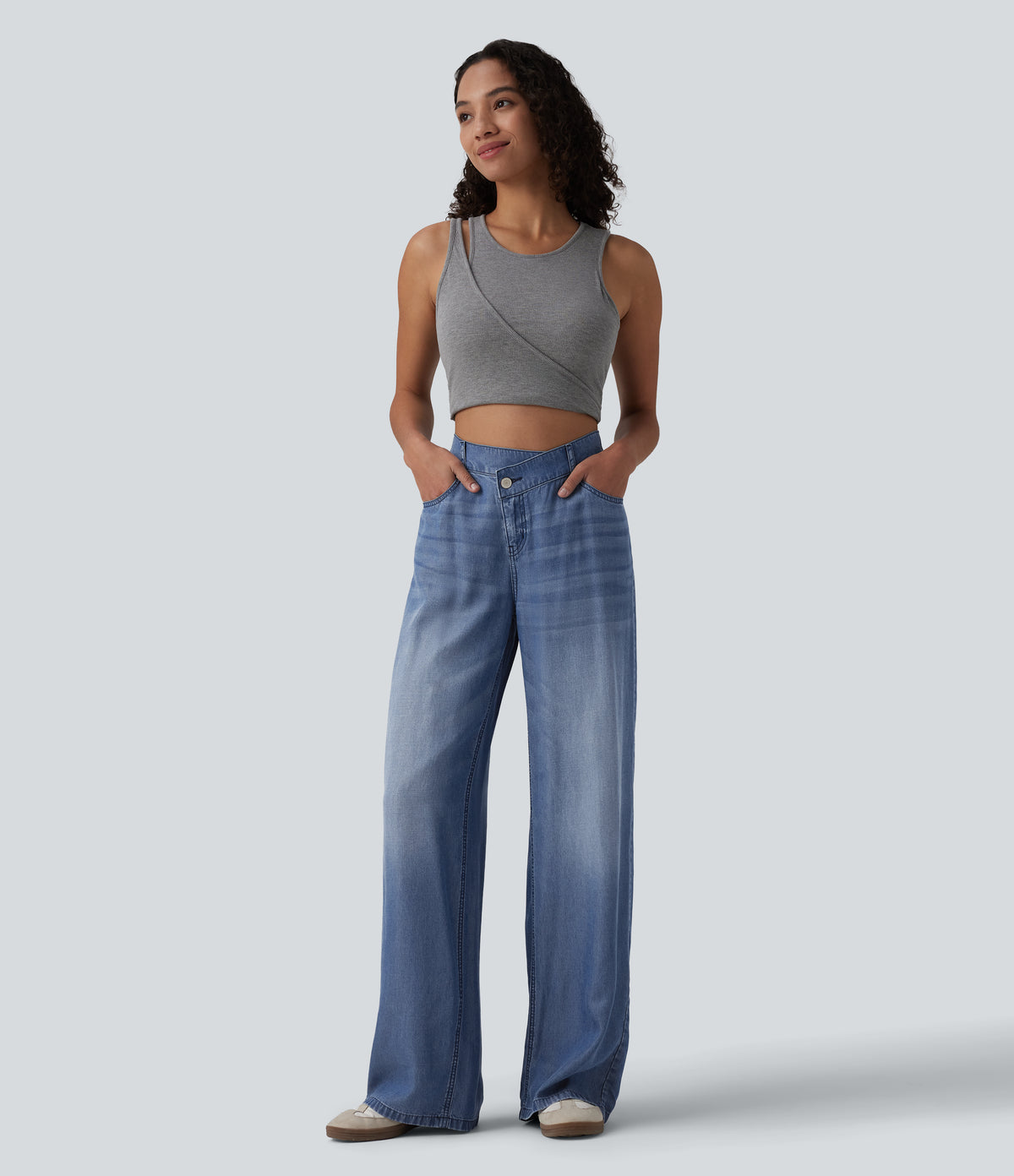 Asymmetric Mid Rise Draped Lyocell Wide Leg Casual Jeans with Pockets — Blue Jasper Denim — view 6