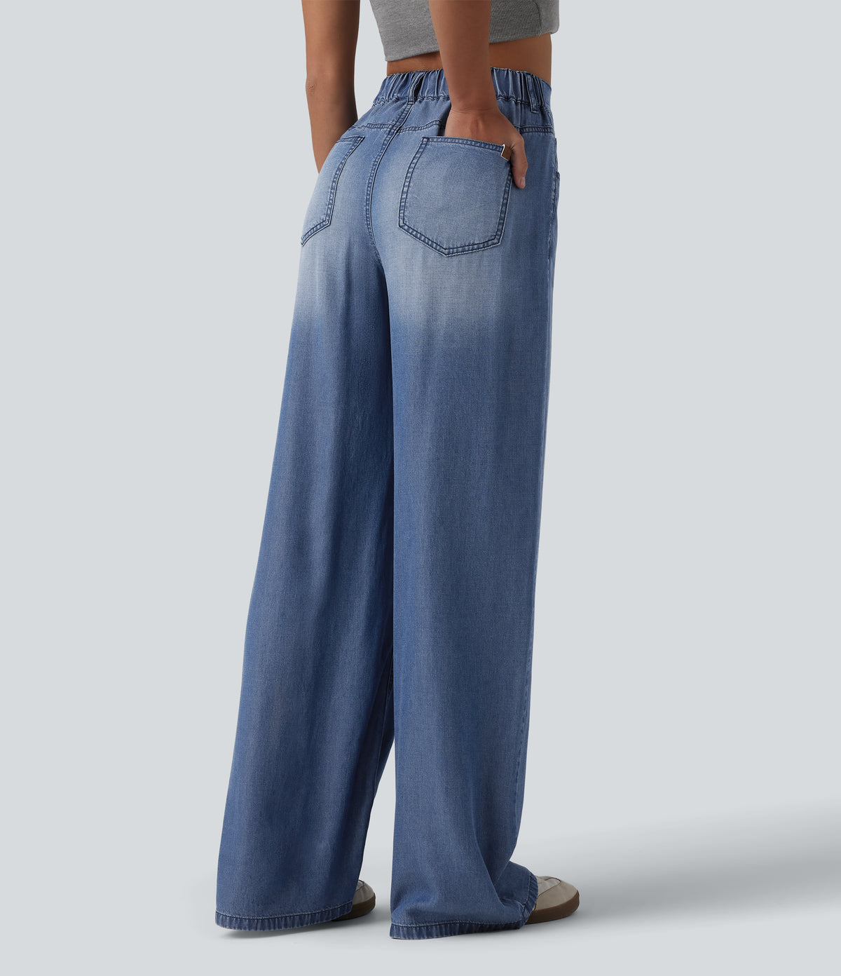 Asymmetric Mid Rise Draped Lyocell Wide Leg Casual Jeans with Pockets — Blue Jasper Denim — view 2