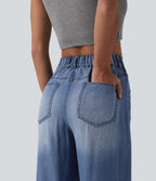 Asymmetric Mid Rise Draped Lyocell Wide Leg Casual Jeans with Pockets — Blue Jasper Denim — view 4