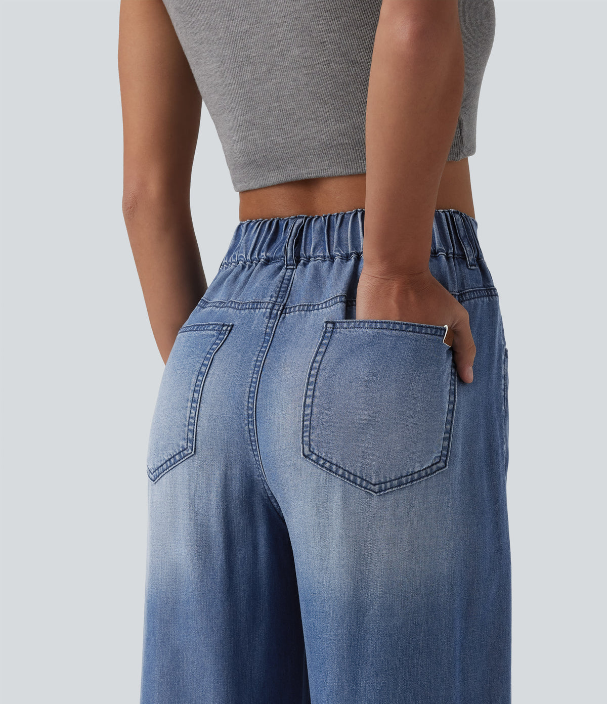 Asymmetric Mid Rise Draped Lyocell Wide Leg Casual Jeans with Pockets — Blue Jasper Denim — view 4