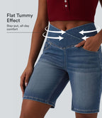 High Waisted Crossover Tummy Control Denim Casual Bermuda Shorts with Pockets — Estate Blue Denim — view 1