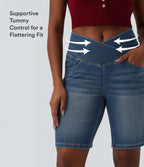 High Waisted Crossover Tummy Control Denim Casual Bermuda Shorts with Pockets — Estate Blue Denim — view 6