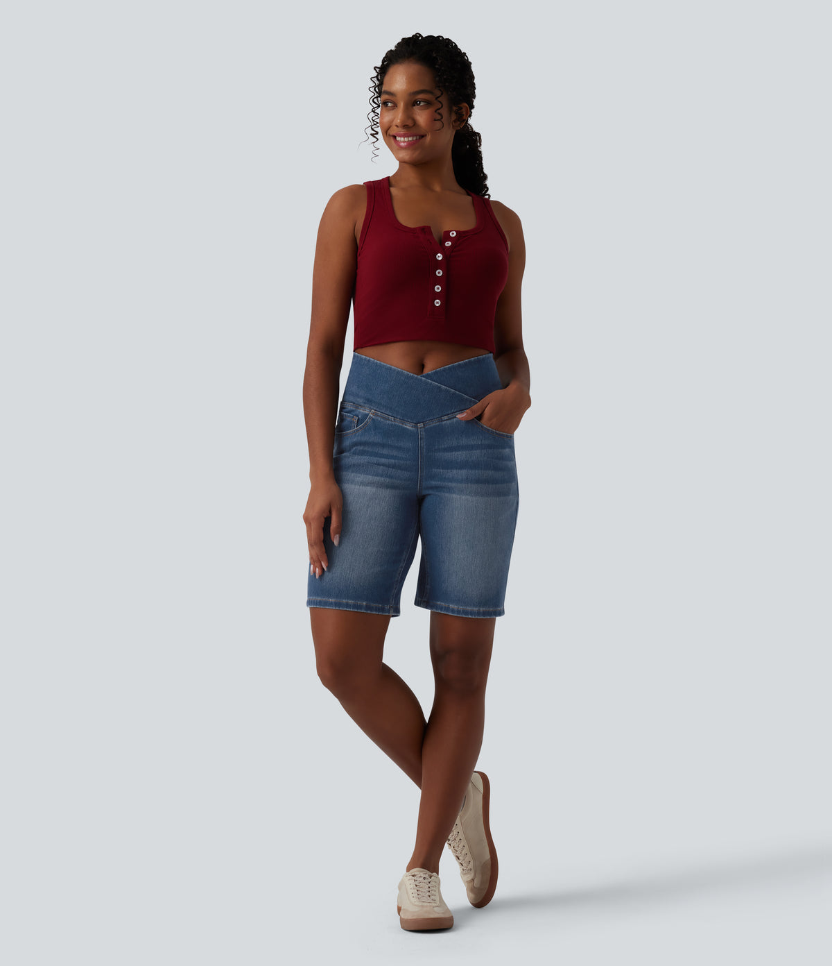 High Waisted Crossover Tummy Control Denim Casual Bermuda Shorts with Pockets — Estate Blue Denim — view 3