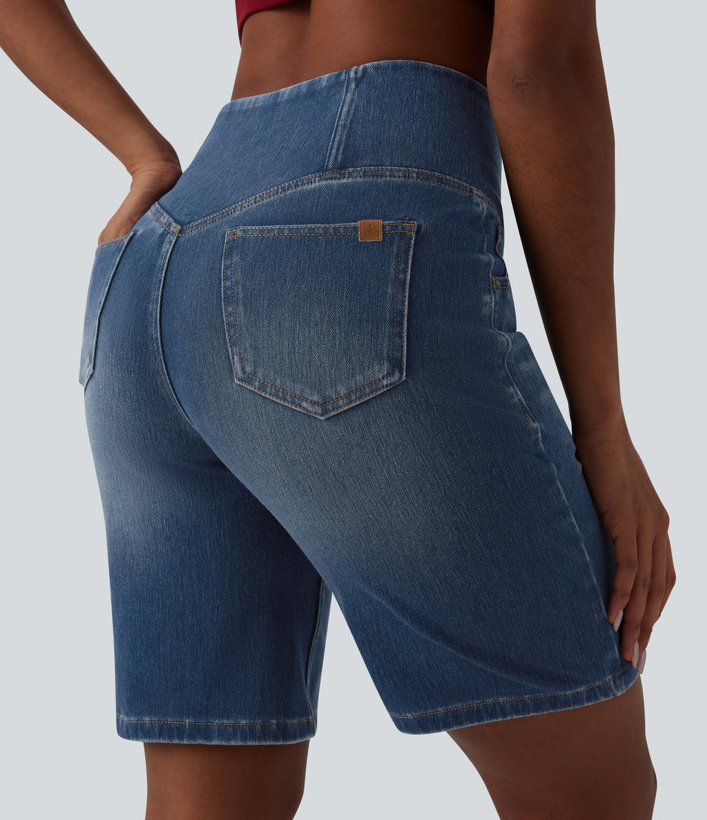 High Waisted Crossover Tummy Control Denim Casual Bermuda Shorts with Pockets — Estate Blue Denim — view 7