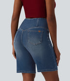 High Waisted Crossover Tummy Control Denim Casual Bermuda Shorts with Pockets — Estate Blue Denim — view 2