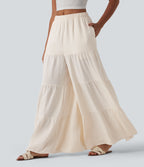 High Waisted Wide Leg Flowy Linen-Feel Trousers with Pockets — Whisper White — view 3