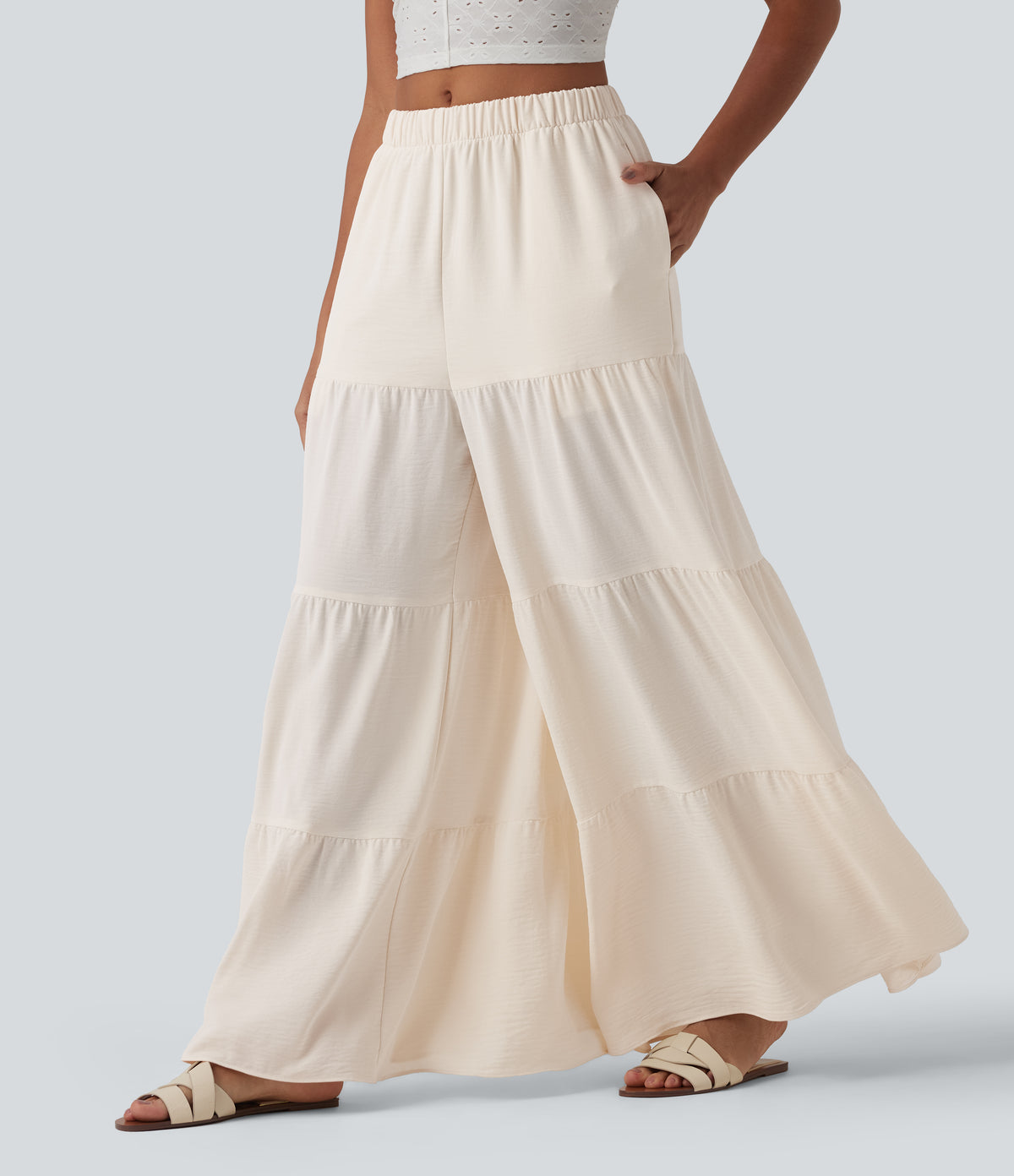 High Waisted Wide Leg Flowy Linen-Feel Trousers with Pockets — Whisper White — view 3