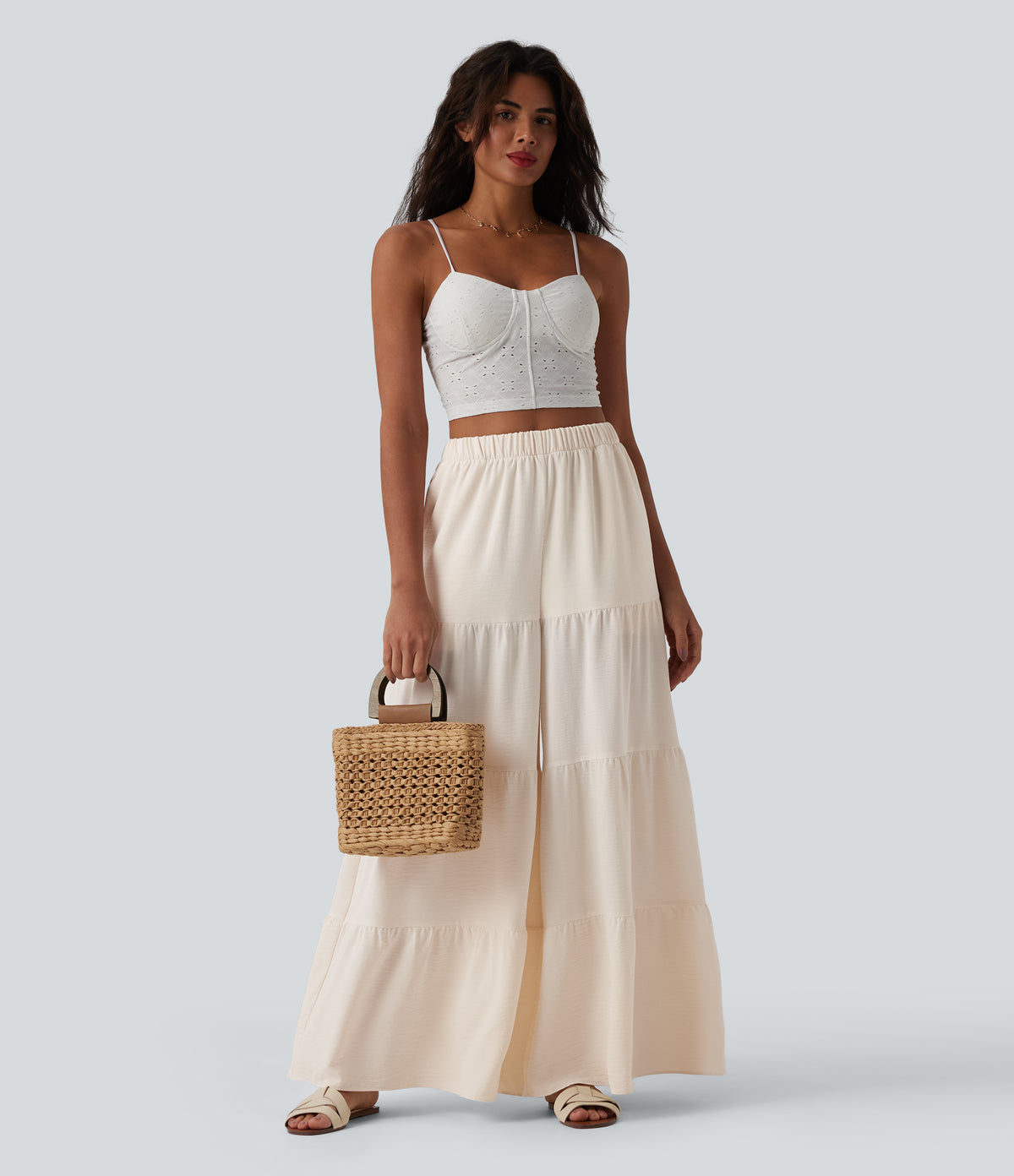 High Waisted Wide Leg Flowy Linen-Feel Trousers with Pockets — Whisper White — view 5