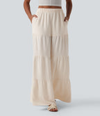 High Waisted Wide Leg Flowy Linen-Feel Trousers with Pockets — Whisper White — view 1