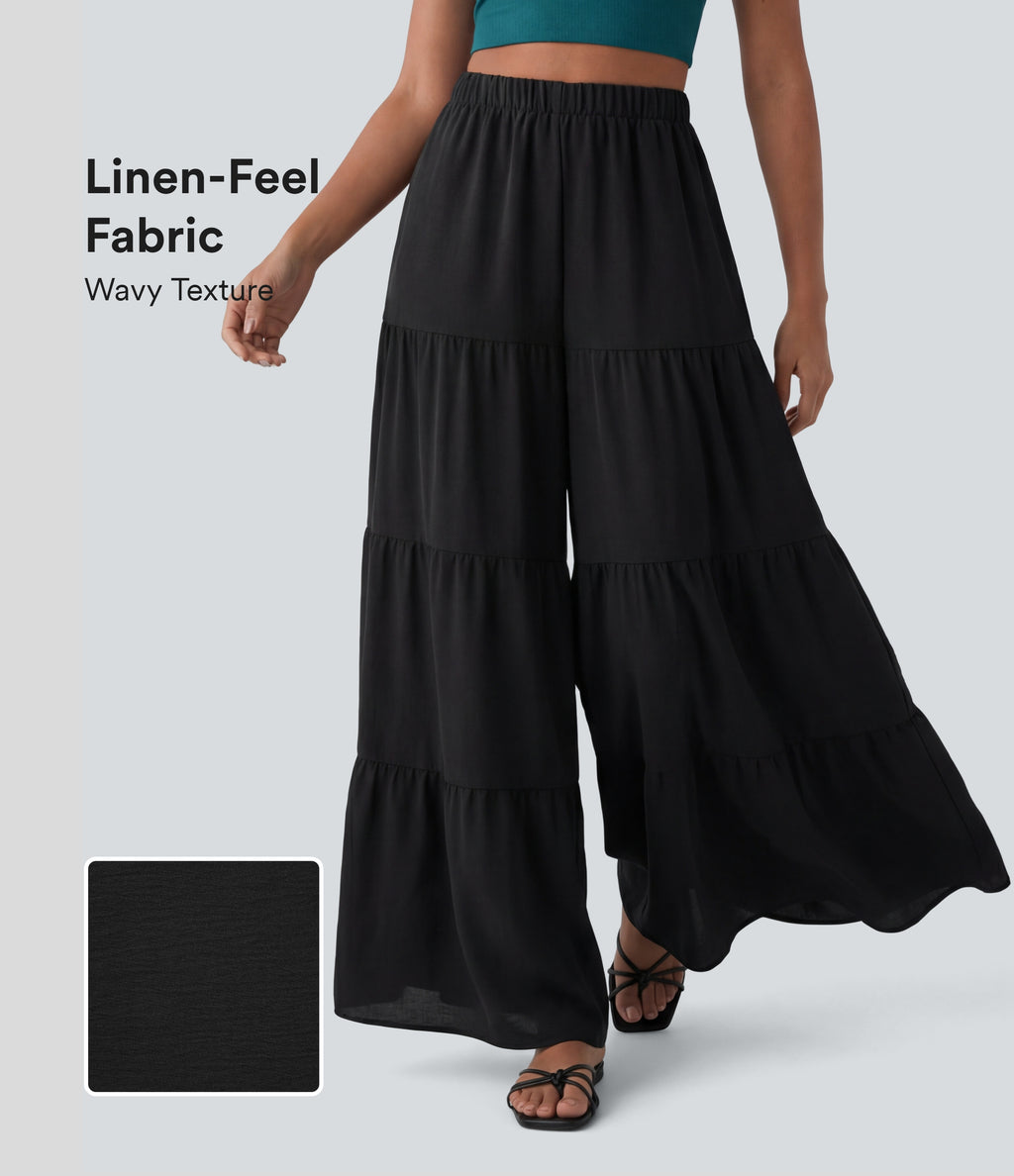 High Waisted Wide Leg Flowy Linen-Feel Trousers with Pockets — Black — view 6