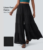 High Waisted Wide Leg Flowy Linen-Feel Trousers with Pockets — Black — view 6