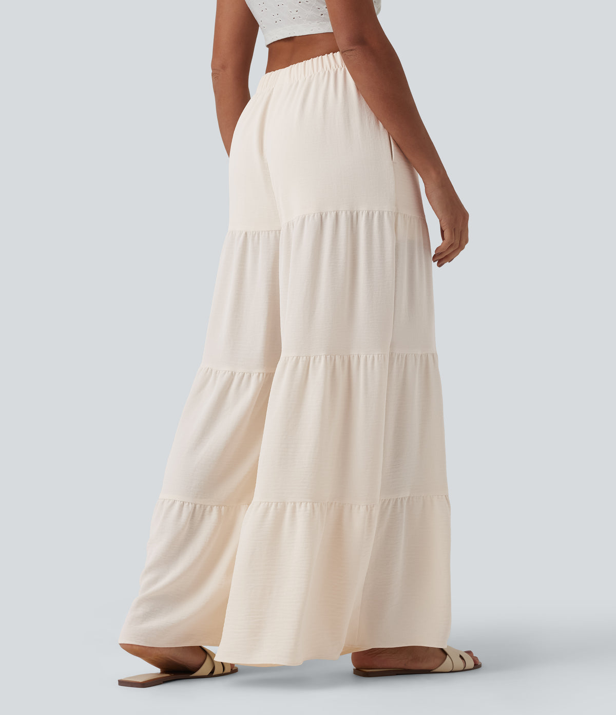 High Waisted Wide Leg Flowy Linen-Feel Trousers with Pockets — Whisper White — view 2