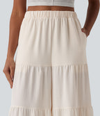 High Waisted Wide Leg Flowy Linen-Feel Trousers with Pockets — Whisper White — view 4