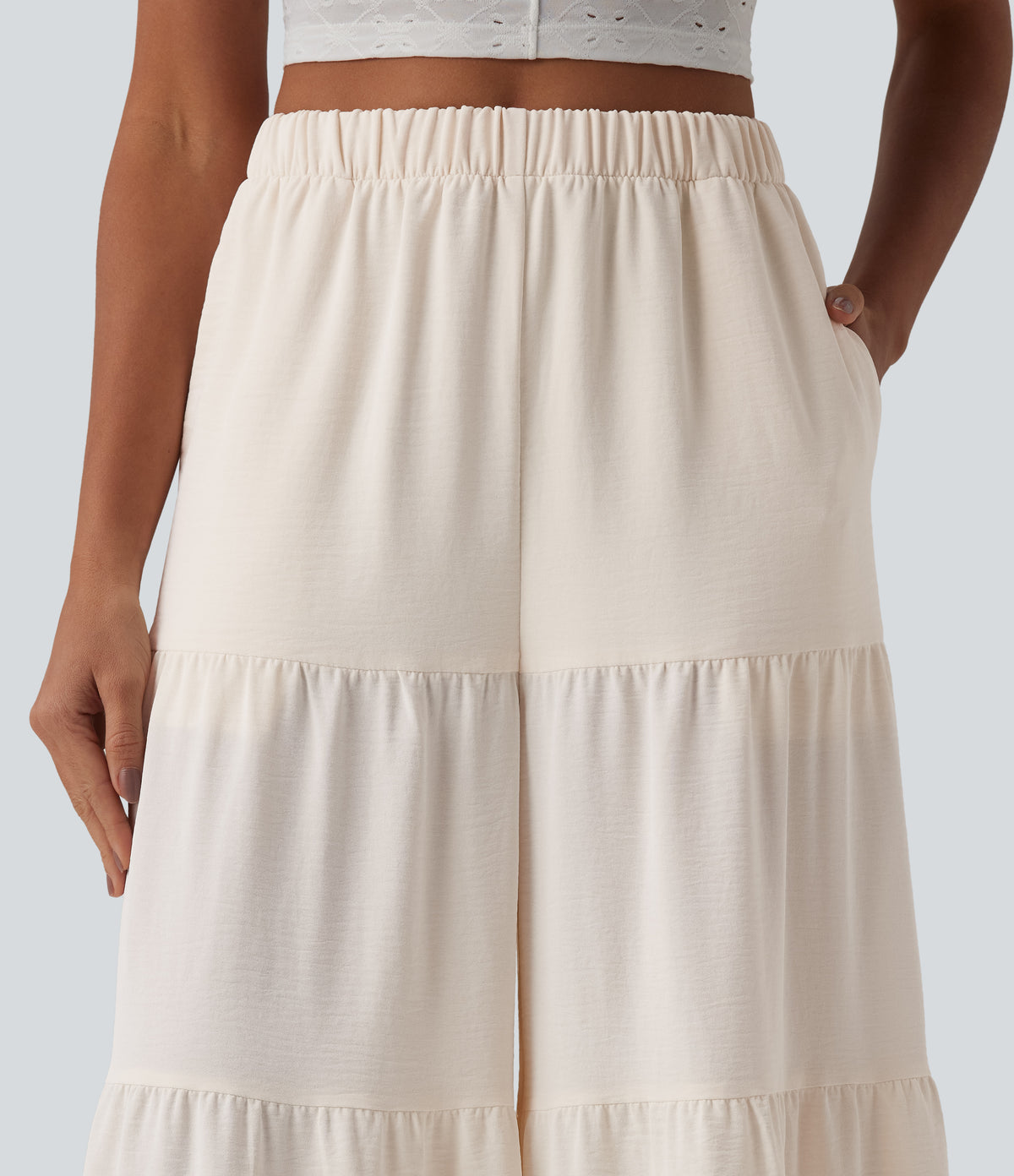 High Waisted Wide Leg Flowy Linen-Feel Trousers with Pockets — Whisper White — view 4
