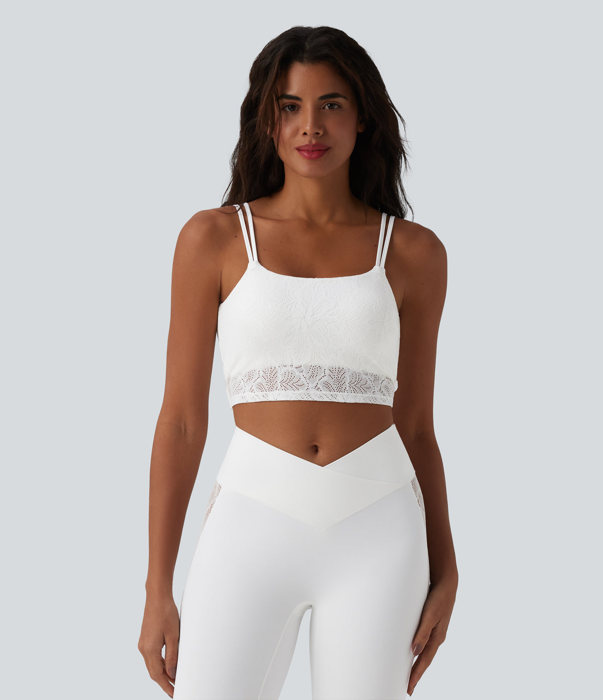 U Neck Lace Cropped Yoga Tank Top — White — view 2