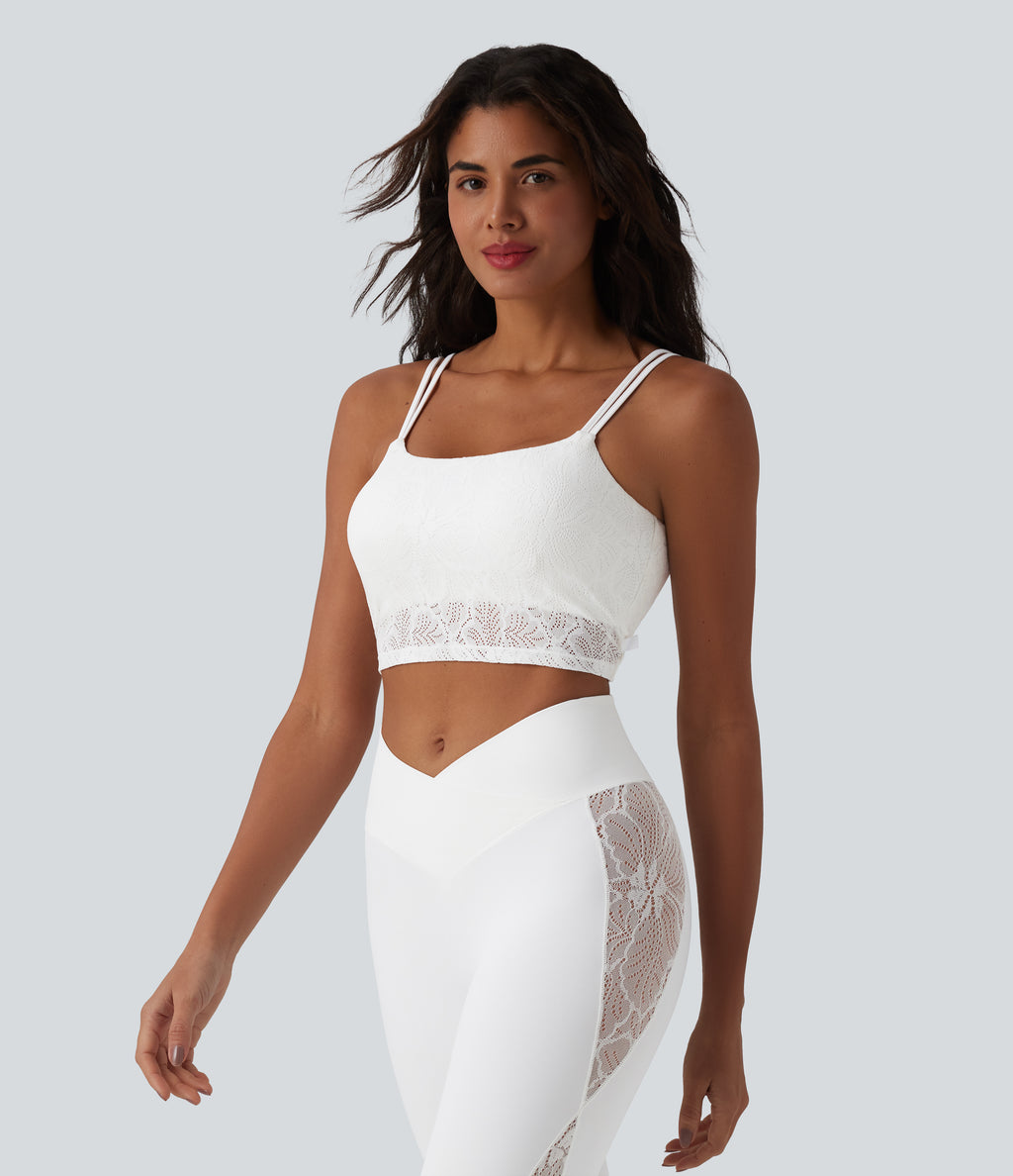 U Neck Lace Cropped Yoga Tank Top — White — view 4