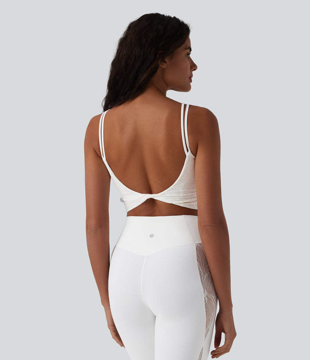 U Neck Lace Cropped Yoga Tank Top — White — view 3