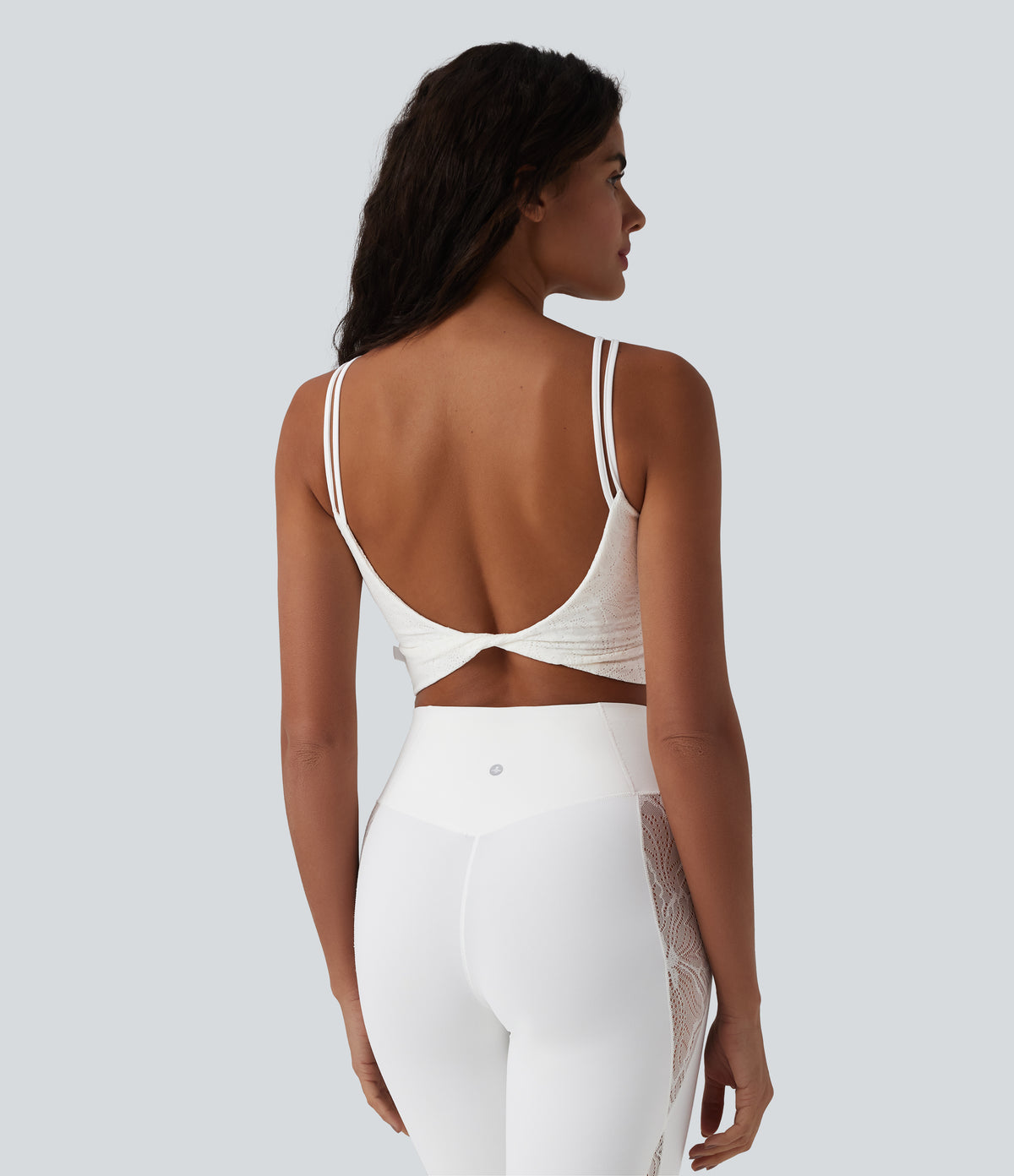 U Neck Lace Cropped Yoga Tank Top — White — view 3