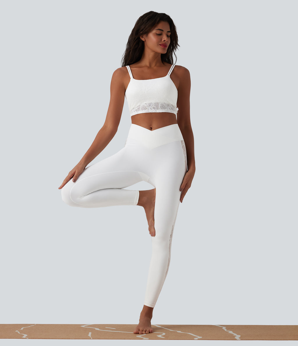 U Neck Lace Cropped Yoga Tank Top — White — view 6