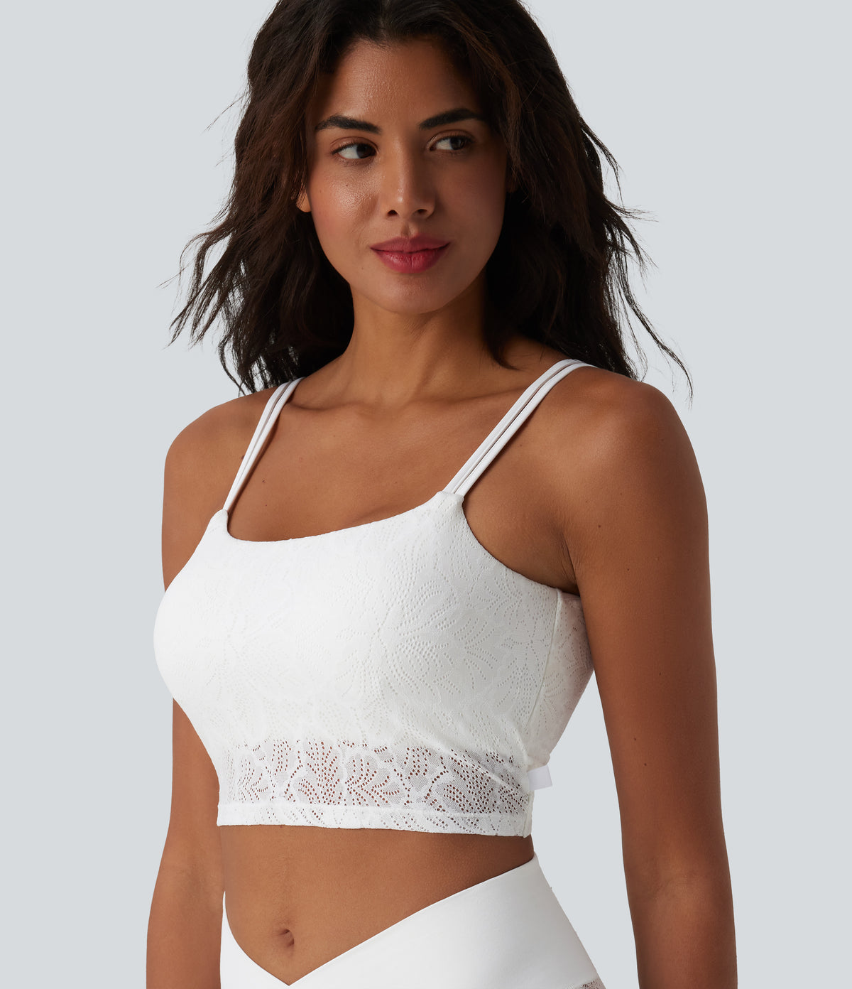 U Neck Lace Cropped Yoga Tank Top — White — view 5