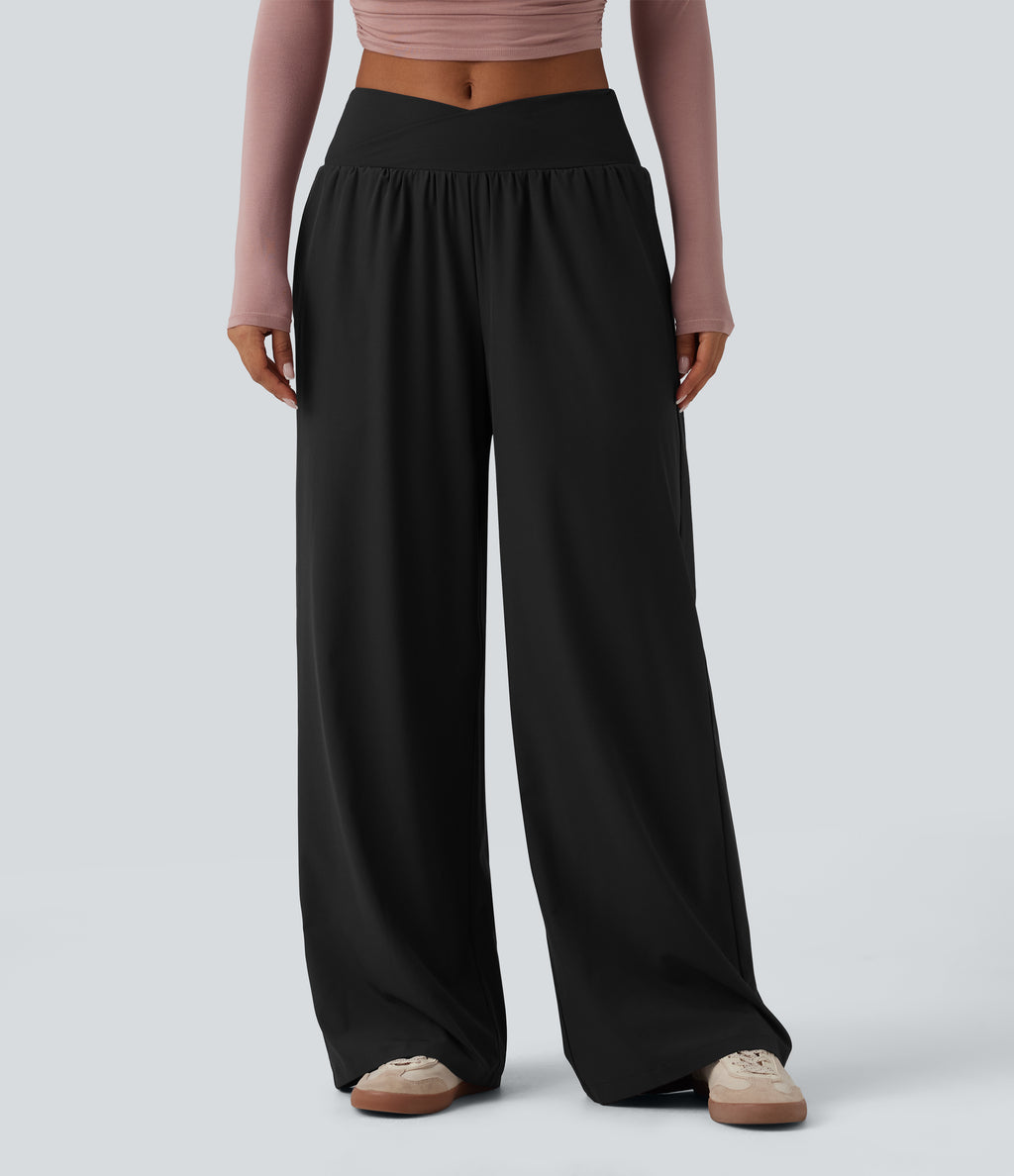 Crossover Low Rise Casual Baggy Trousers with Pockets — Black — view 1