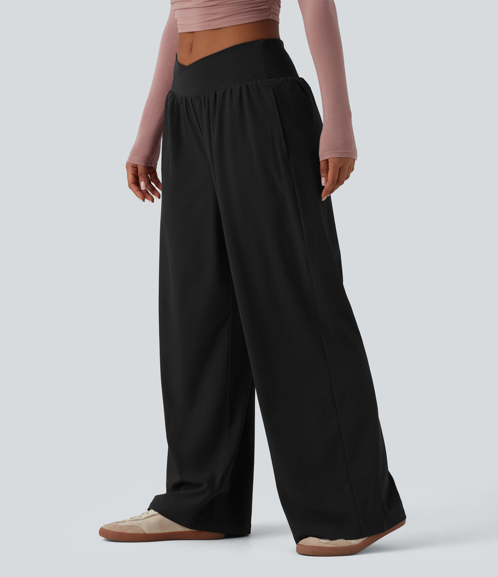 Crossover Low Rise Casual Baggy Trousers with Pockets — Black — view 3